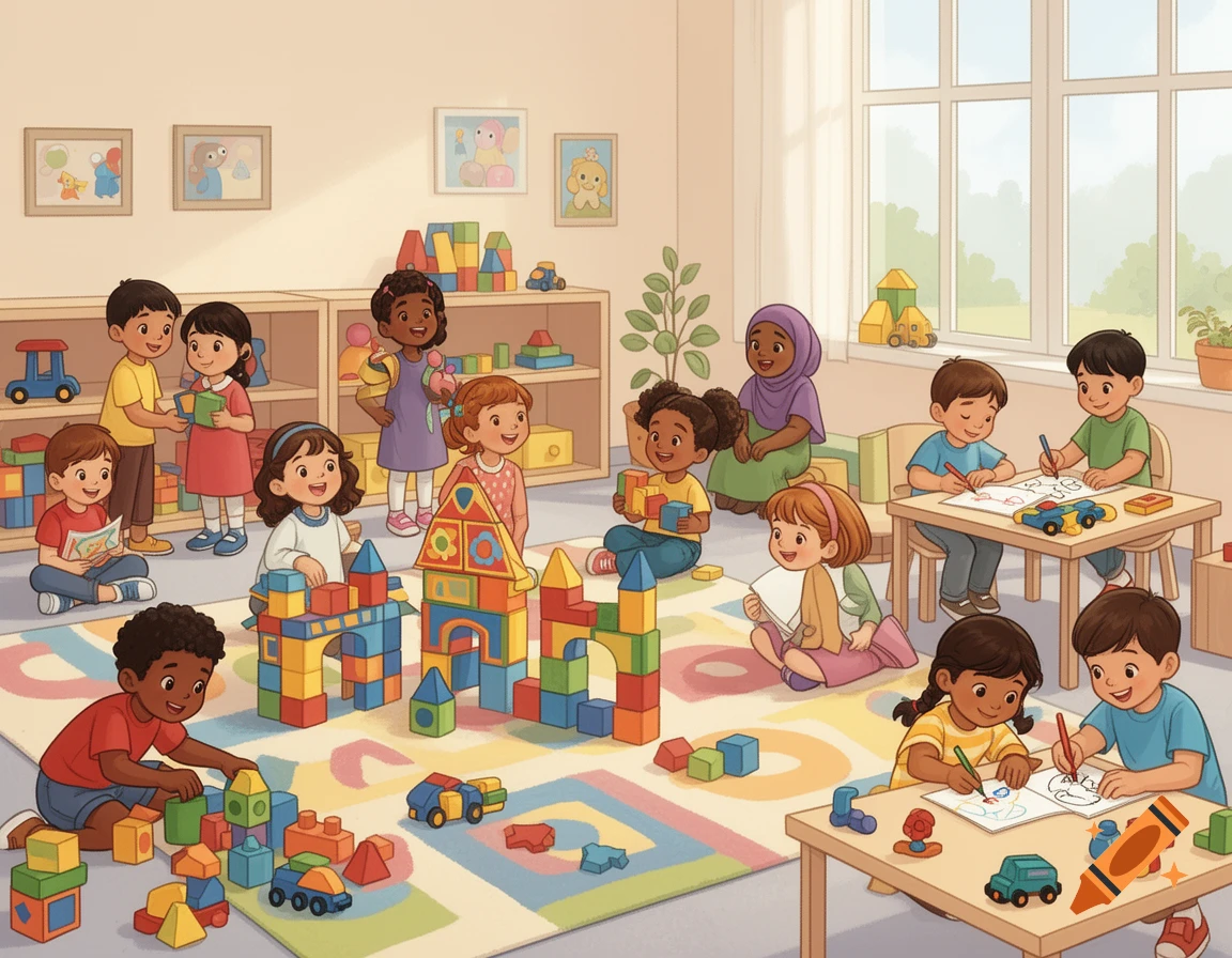 Diverse children play together in a bright, warm playroom, building blocks and drawing at tables, in a soft children's book illustration style.