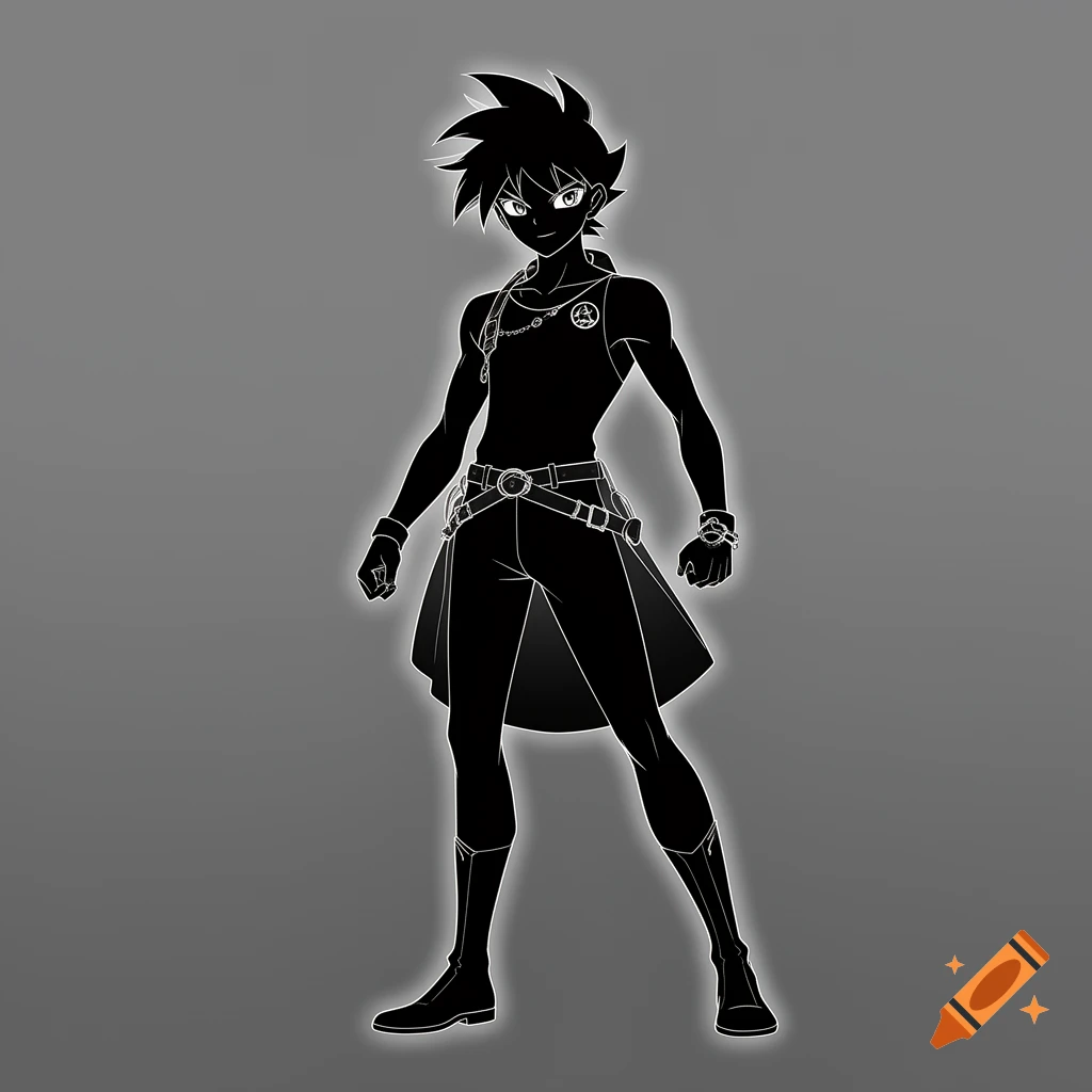 An anime character depicted as a black silhouette with white outlines and glowing details, standing against a grey background.