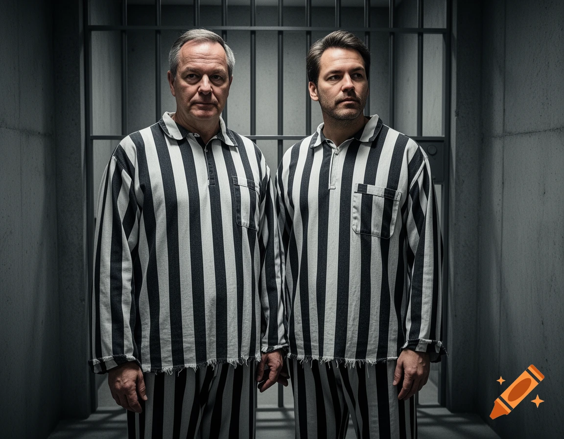 Two men in black and white striped prisoner uniforms stand facing forward in a dimly lit prison cell.