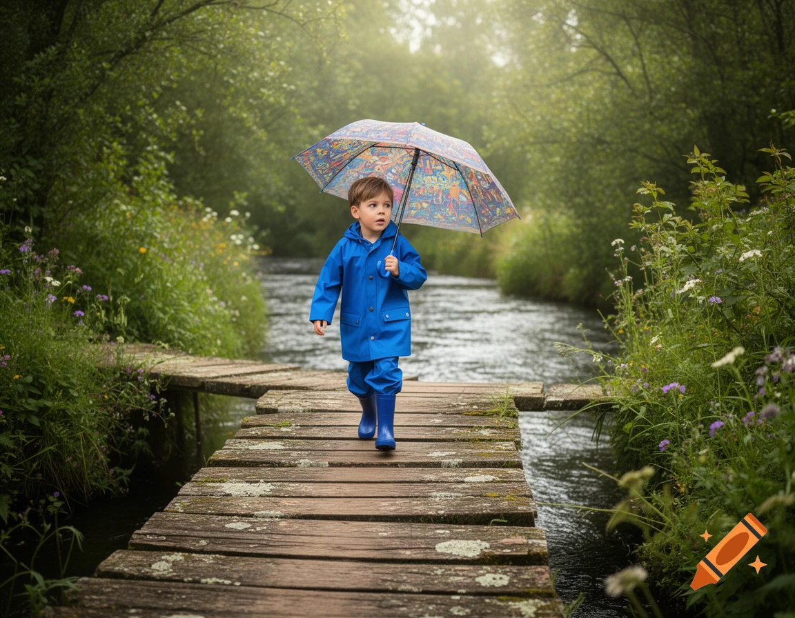 A young child in a blue raincoat and boots walks on a wooden path next to a stream in a green forest, holding a colorful umbrella.