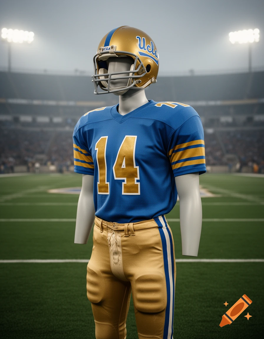 A UCLA football uniform from 1965, featuring a blue jersey with the number 14, gold pants, and a gold helmet with 'UCLA' branding, displayed on a mannequin in a stadium.