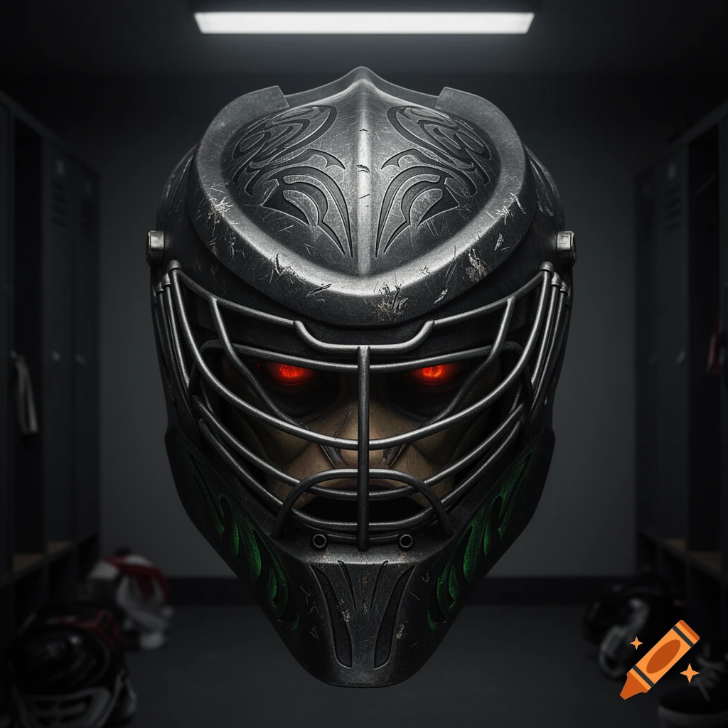 A dark, metallic goalie mask with glowing red eyes and green tribal patterns, floating in a dimly lit locker room.