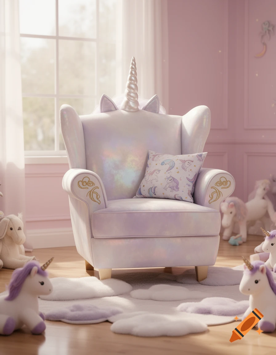 A whimsical white unicorn armchair with a horn and ears in a pastel pink child's room, surrounded by unicorn toys and a cloud rug.