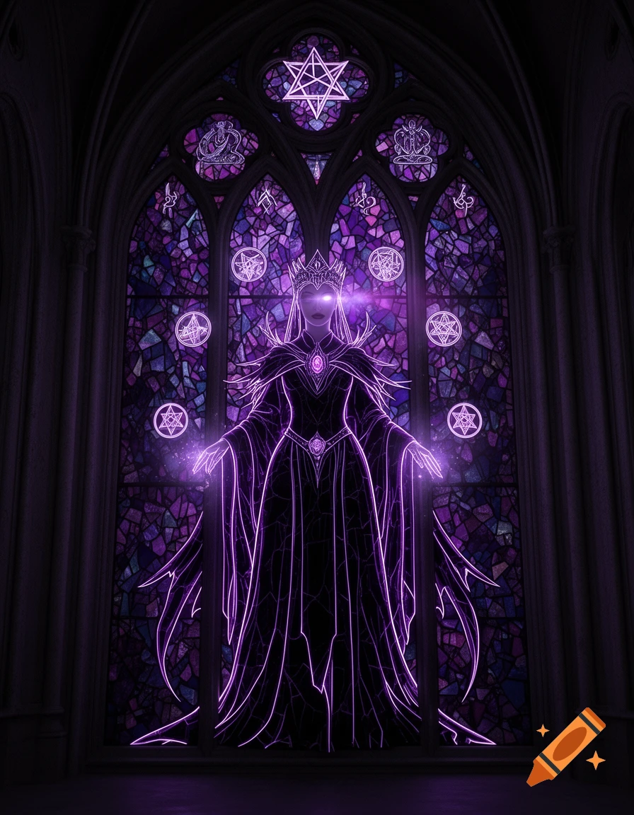 A glowing neon queen with a crown stands before a dark purple gothic stained glass window featuring occult symbols.