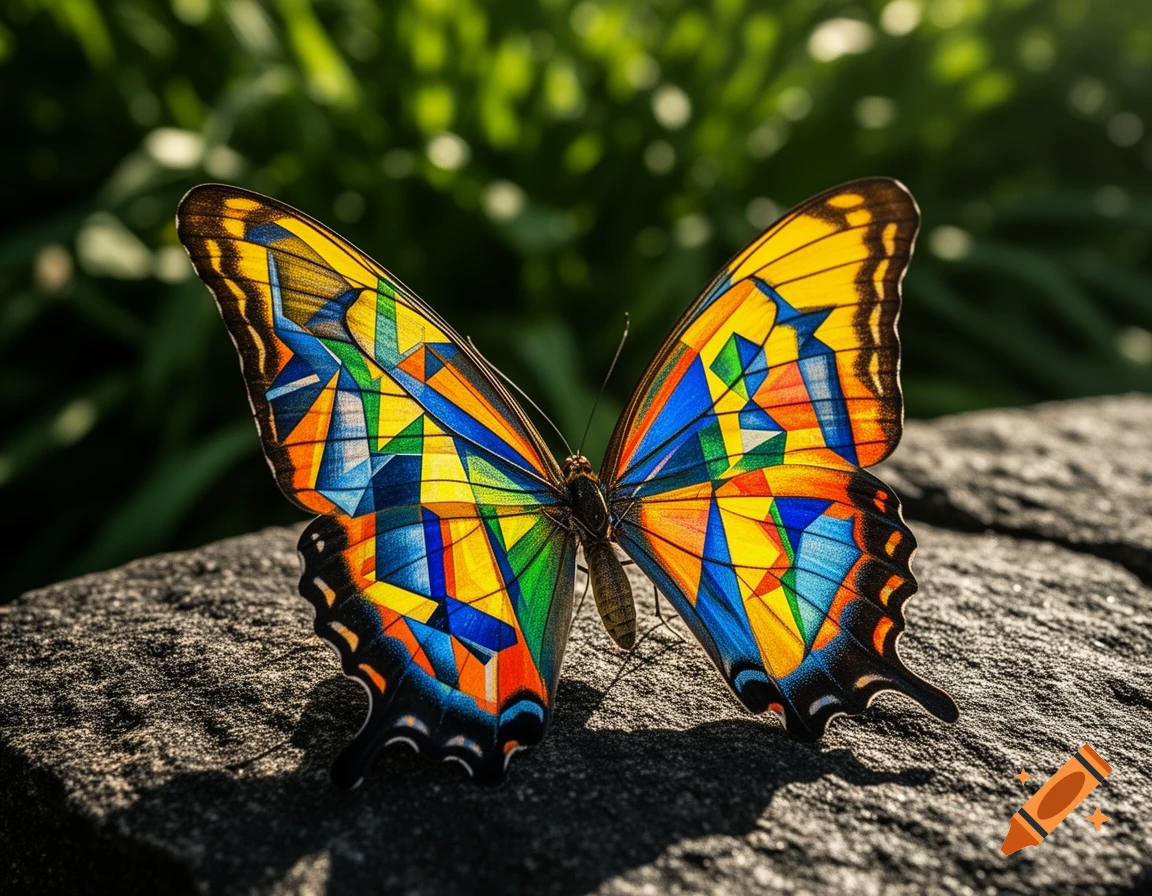 Close-up of a butterfly with vibrant, cubist-style geometric wings, resting on a textured rock.