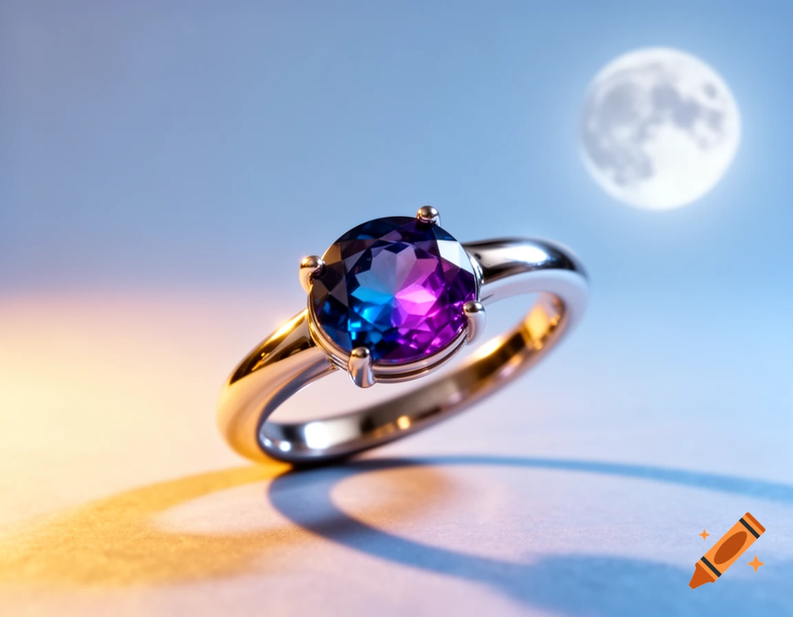 A silver ring featuring a round gemstone that shifts from blue to purple, illuminated by warm and cool light, with a blurred moon in the background.