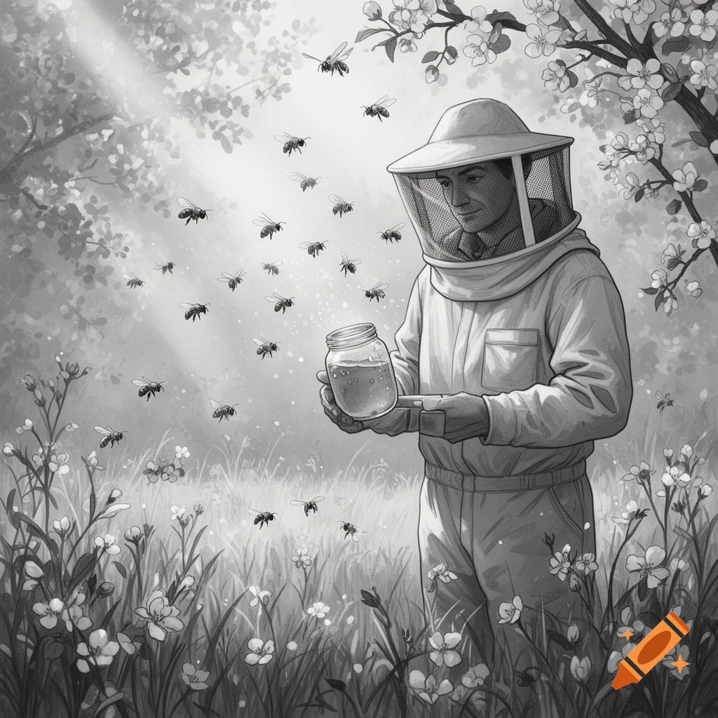 Black and white illustration of a beekeeper in a suit holding a jar, surrounded by flying bees in a field of flowers.