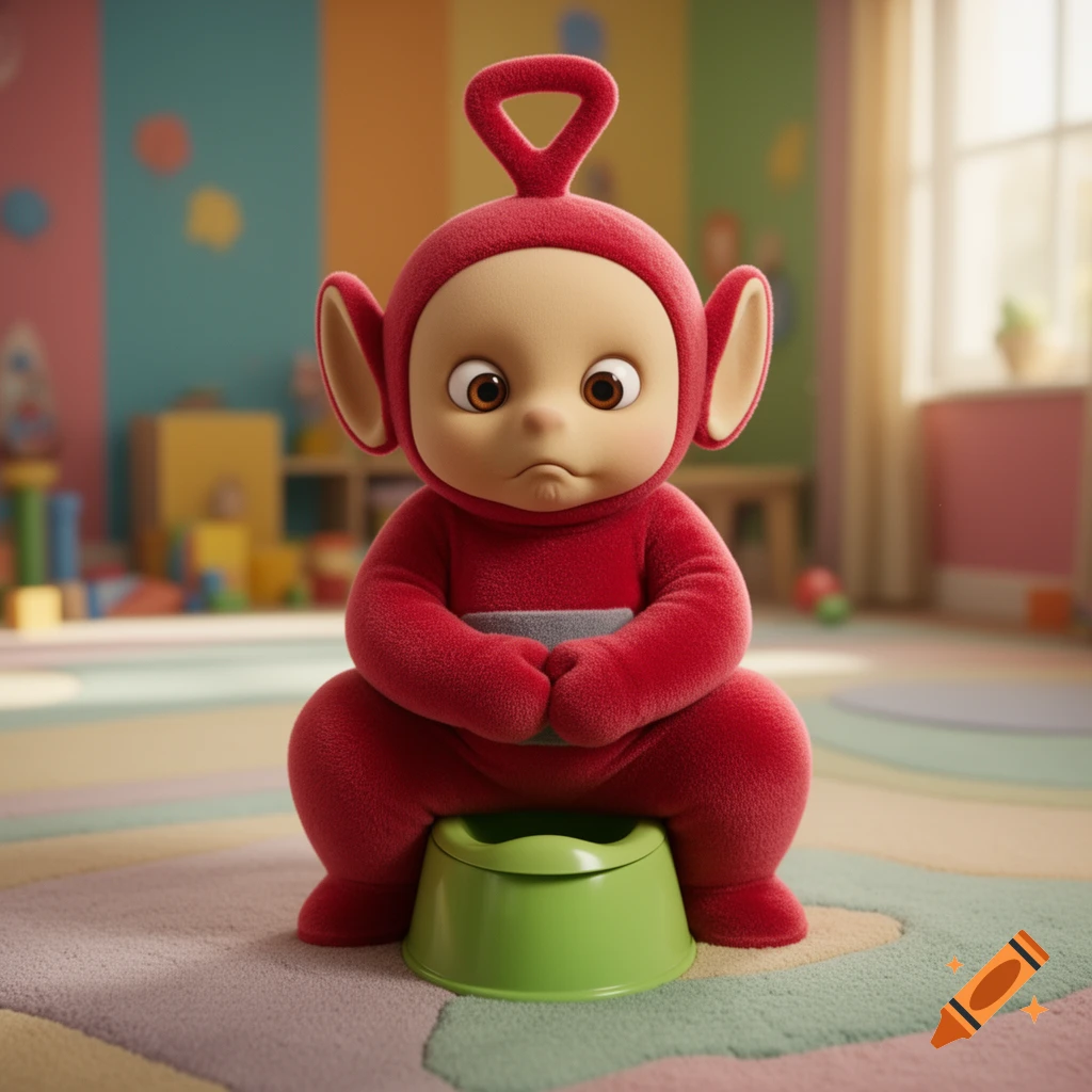 A hyperrealistic red Teletubby-like character (Po) squats on a green potty, holding her belly and pouting in a colorful playroom.