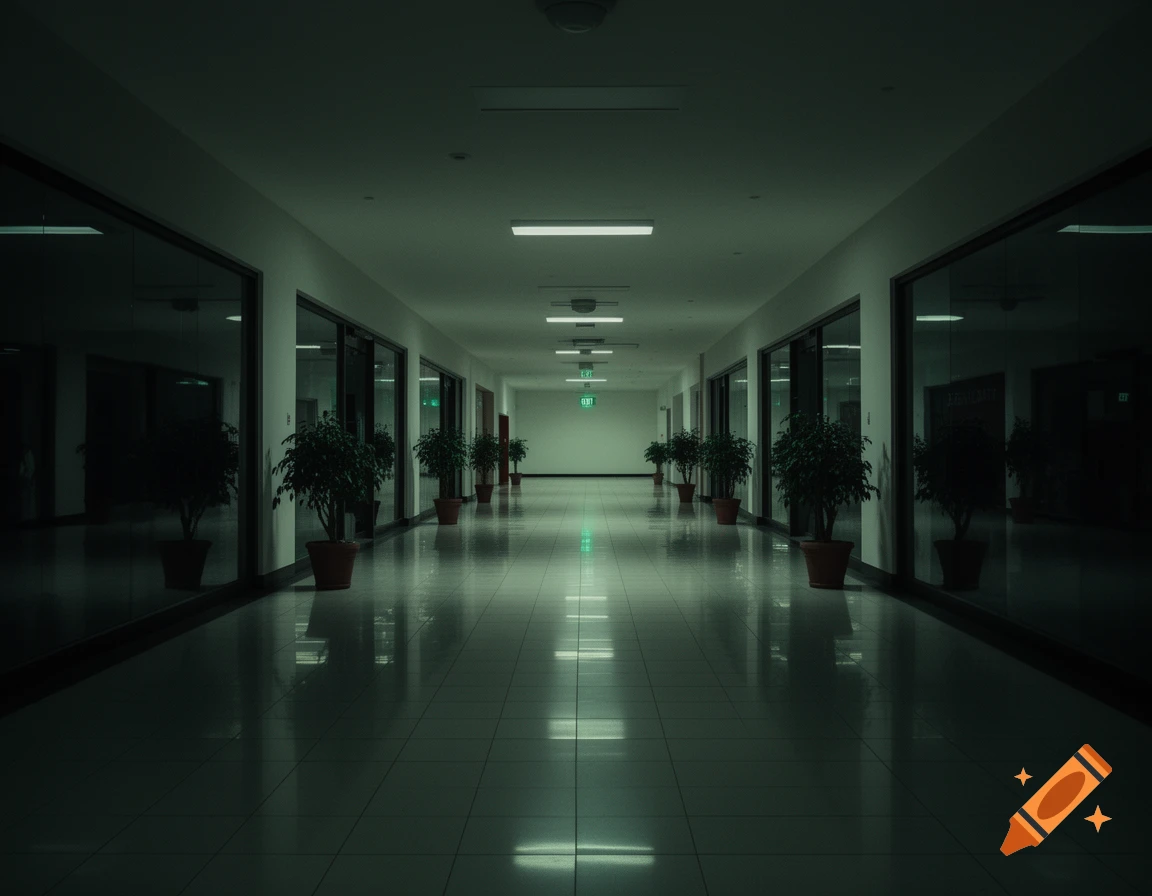 A long, dimly lit hallway with tiled floors, glass-fronted rooms, potted plants, and an 'EXIT' sign in the distance, creating a liminal space.