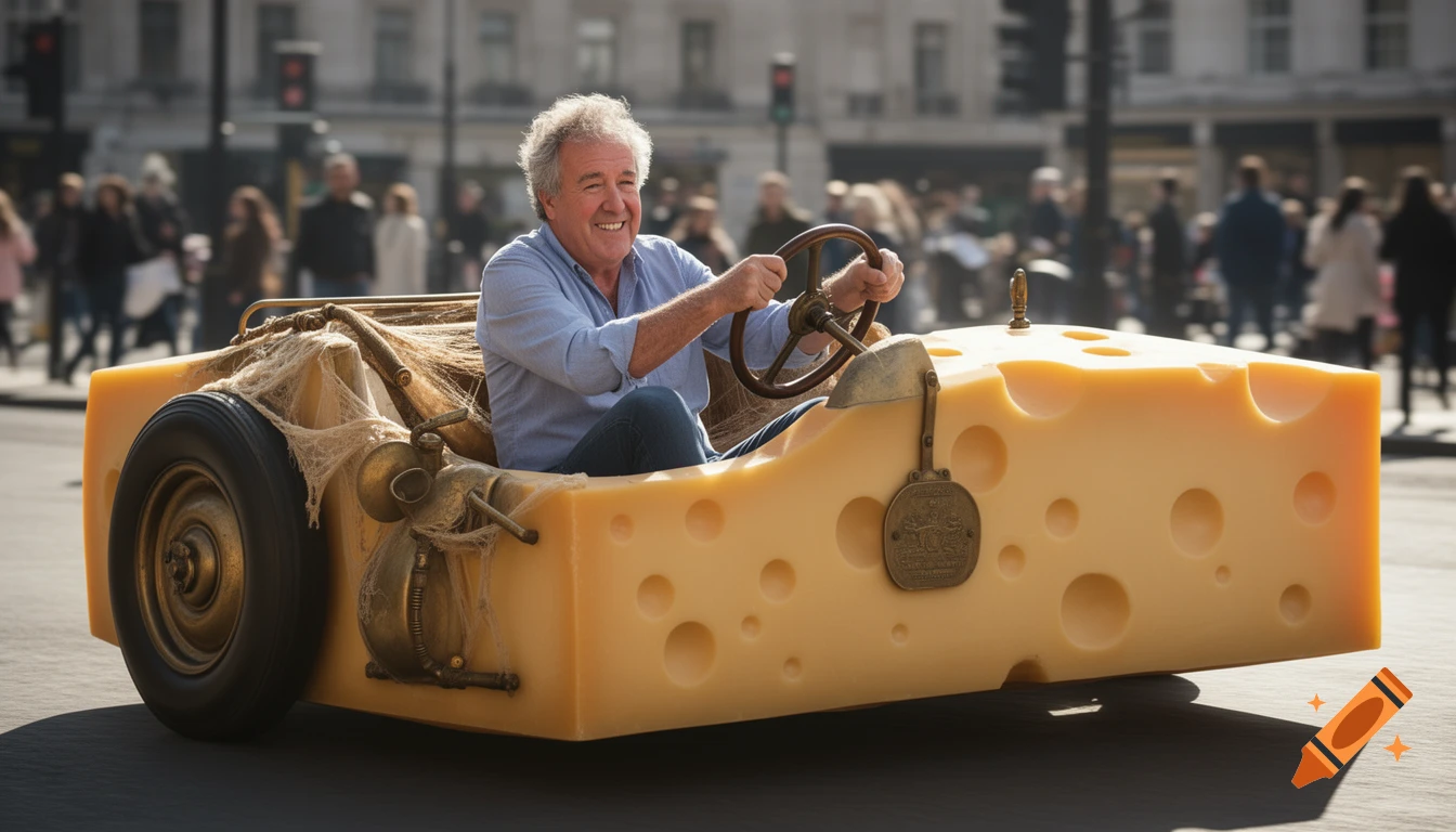 Jeremy Clarkson smiling and driving a large, photorealistic yellow cheese car with holes on a city street.