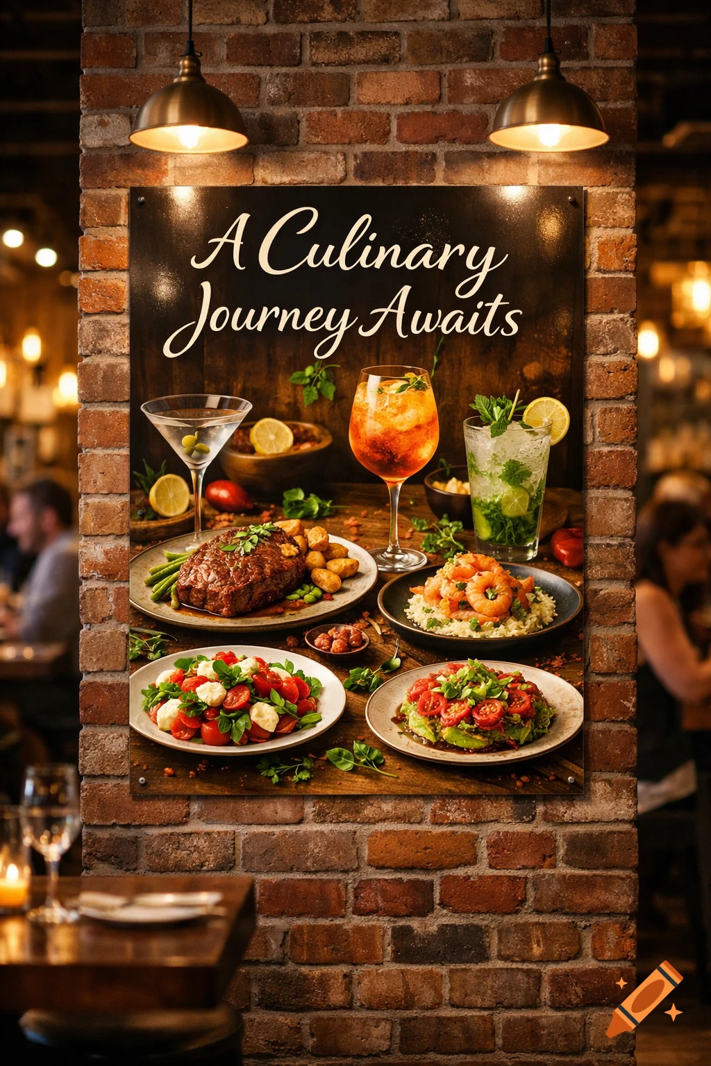 A restaurant poster on a brick wall displays various dishes and cocktails, with text 'A Culinary Journey Awaits'.