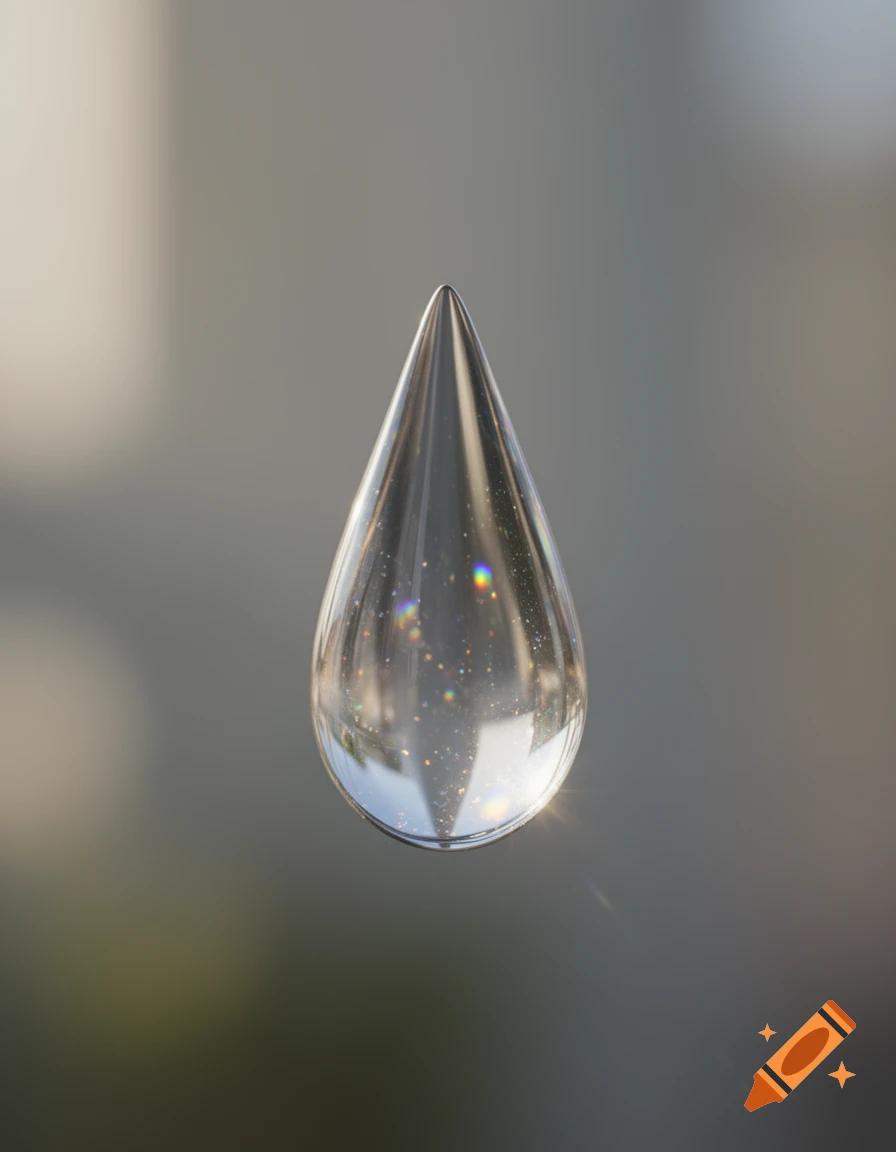 A sparkling, transparent teardrop reflecting light, suspended against a softly blurred gray and green background.