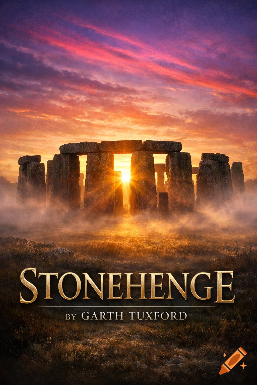 Stonehenge at sunset with a vibrant orange and purple sky, mist on the ground, and golden text "STONEHENGE by GARTH TUXFORD" below, designed as a book cover.
