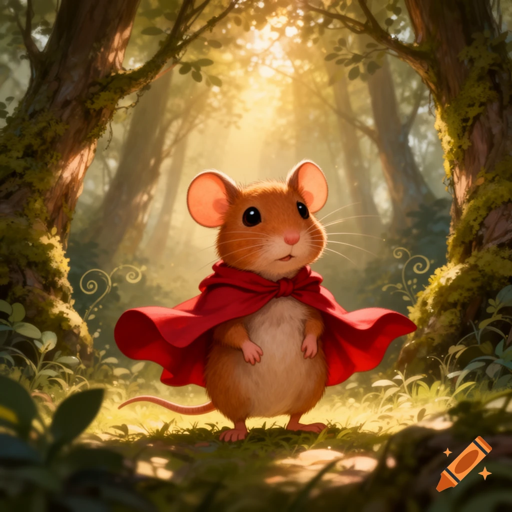 A cute brown mouse in a red cape stands in a sunlit, mystical forest ...