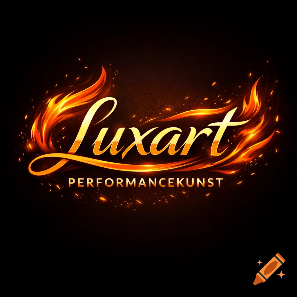 Vibrant flaming logo for 'Luxart PERFORMANCEKUNST' on a dark background.