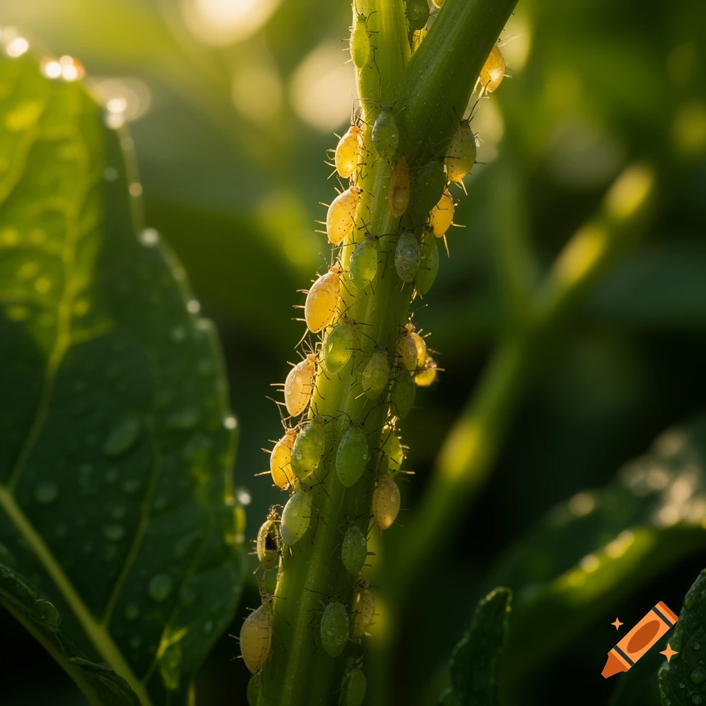 Close-up macro shot of many green and yellow aphids clustered on a bright green plant stem, backlit by warm sunlight.