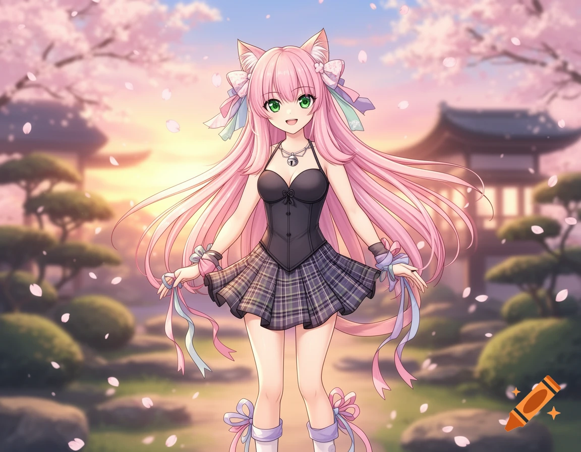 Anime cat girl with pink hair, cat ears, black corset, and plaid skirt in a cherry blossom garden at sunset.