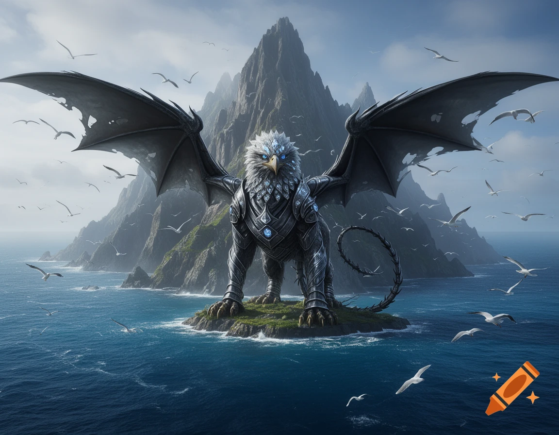 A majestic armored griffin-like creature stands on a small island amidst a vast blue sea with towering mountains and flying seagulls.