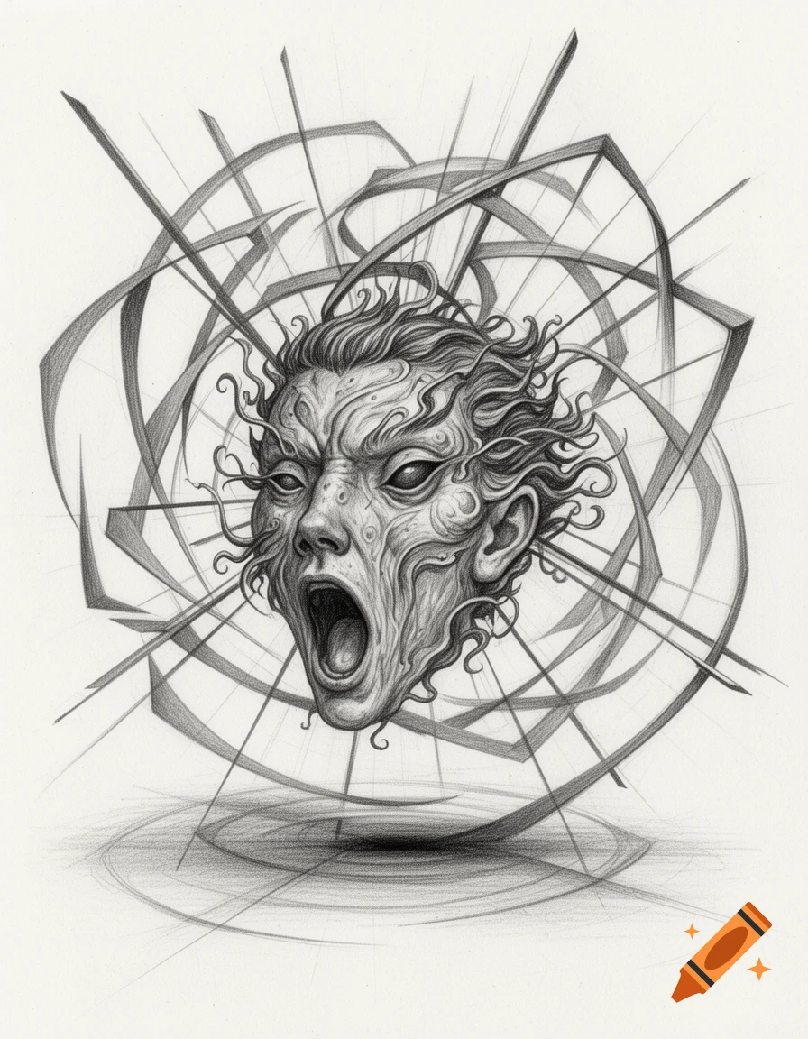 A detailed pencil drawing of a screaming, distorted face with wavy, ethereal hair and abstract lines radiating from it.