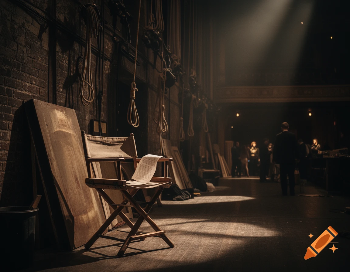 Dark, atmospheric shot of a theater's backstage area with stage rigging, a director's chair holding a script, and blurred figures in the distance under a spotlight, photorealistic.