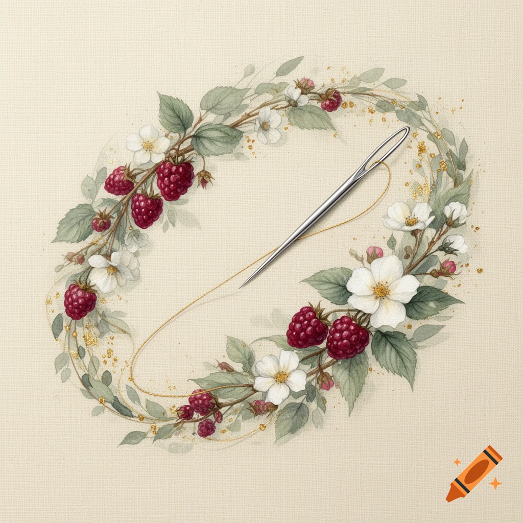 Watercolor illustration of a silver sewing needle with golden thread, encircled by a wreath of red raspberries, white flowers, and green leaves on a beige background.