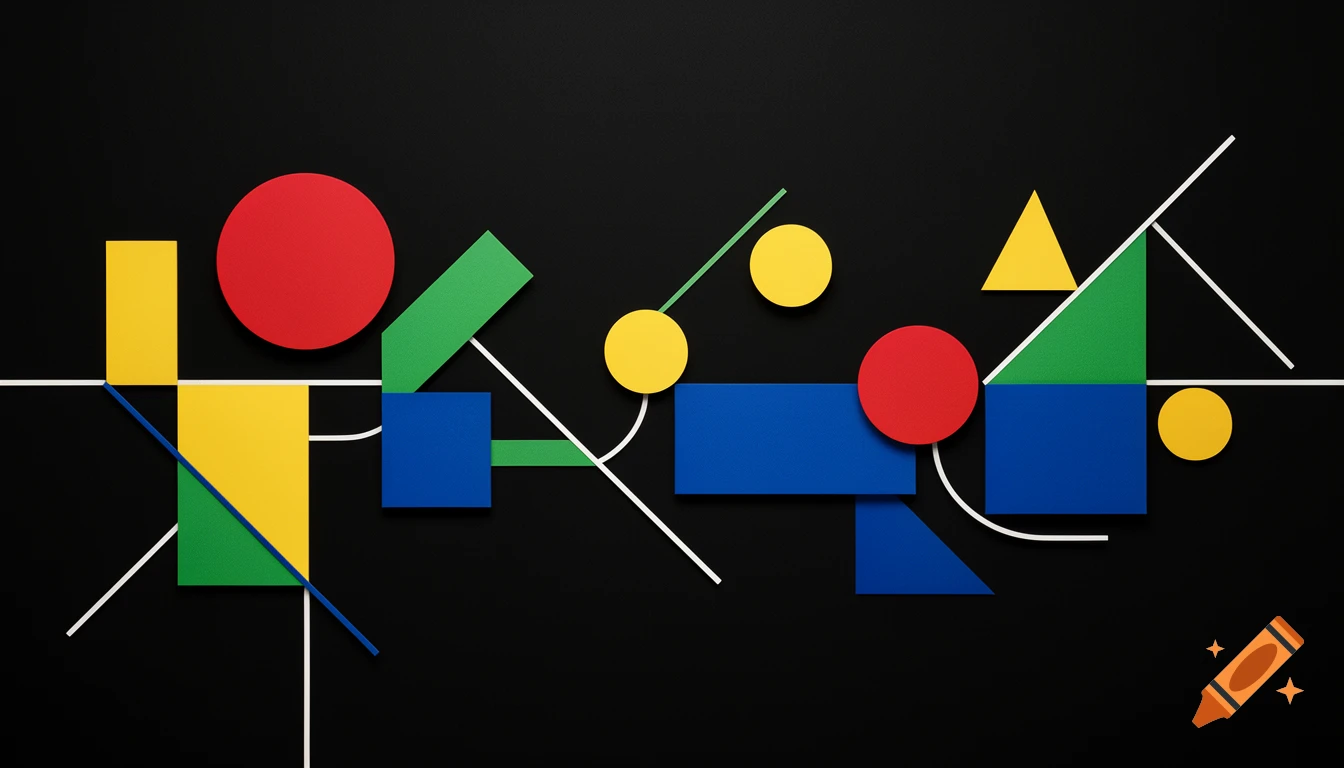 Abstract minimalist Bauhaus-style composition with red, yellow, green, and blue geometric shapes and white lines on a black background.