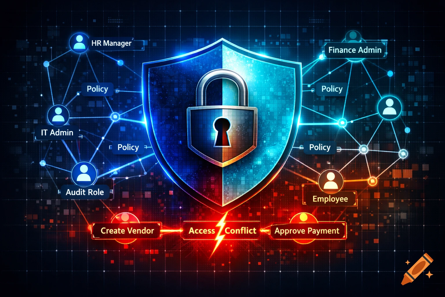 Digital illustration of cybersecurity identity governance with a glowing shield, padlock, and network nodes showing an access conflict.