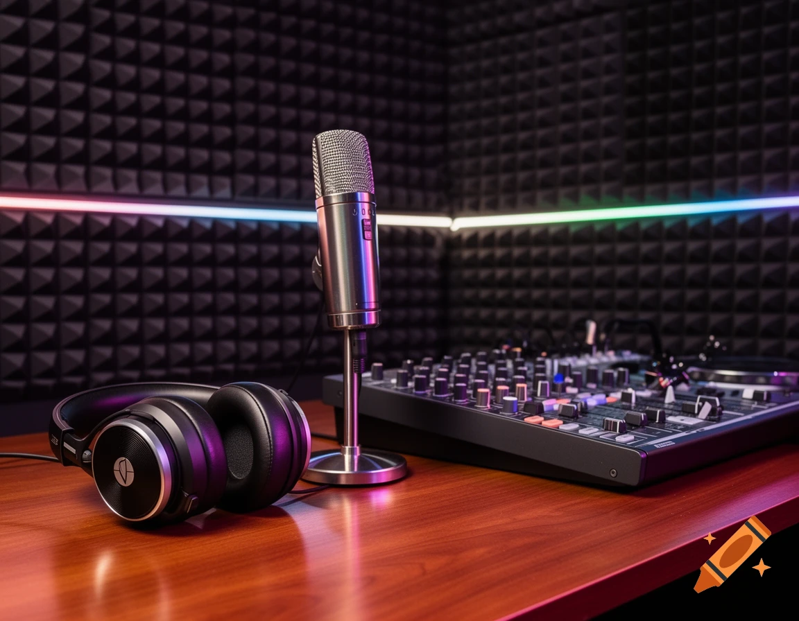 A photorealistic recording studio setup with a silver microphone, black headphones, and a mixer on a wooden desk, backed by soundproofing and colorful LED lights.