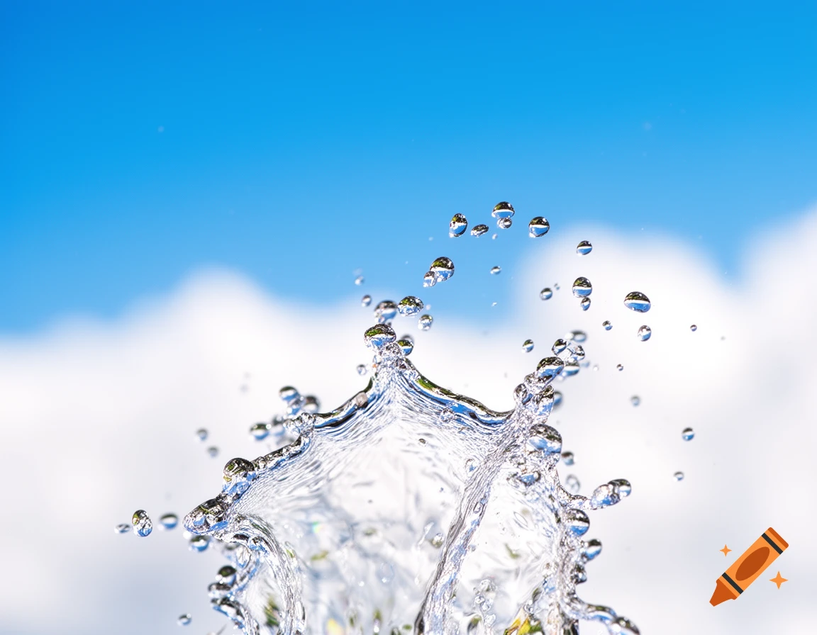 Crystal-clear water splashes upwards against a vibrant blue sky with soft white clouds.