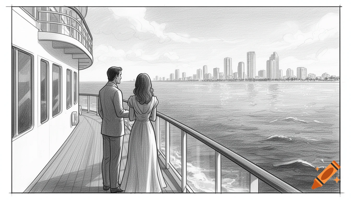 A black and white pencil sketch of a couple on a cruise ship balcony gazing at a distant city skyline.