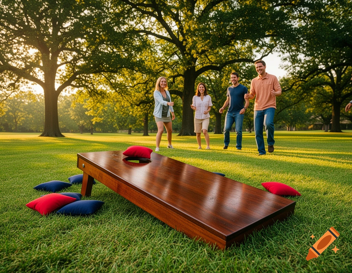 Four friends playing cornhole with red and blue beanbags on a sunny green lawn under large trees.