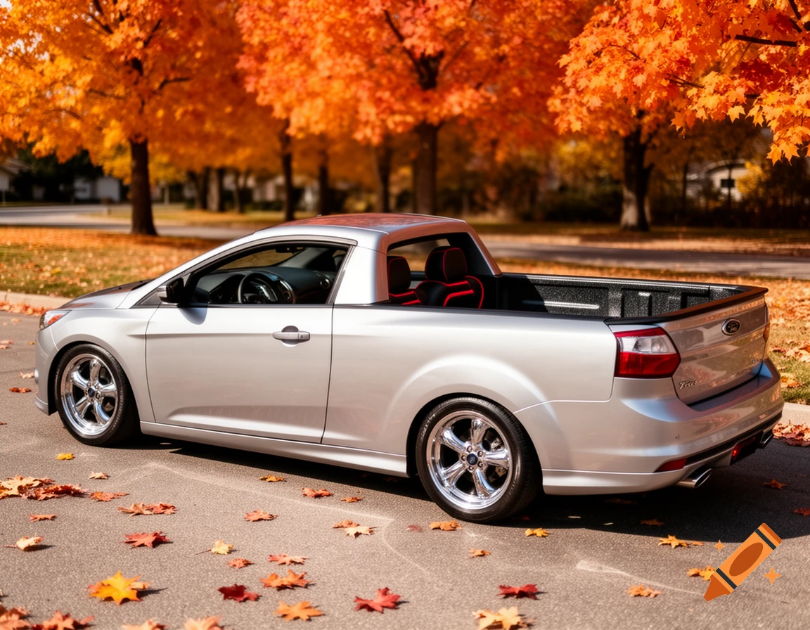 A silver Ford Focus pickup truck parked on an autumn road with orange trees and fallen leaves.