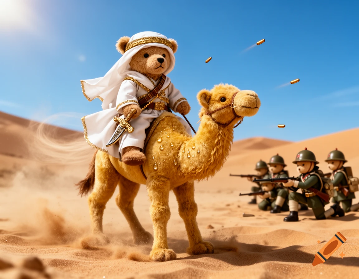 A plush teddy bear dressed as Lawrence of Arabia rides a sweating camel through a desert, while teddy bear soldiers fire rifles.