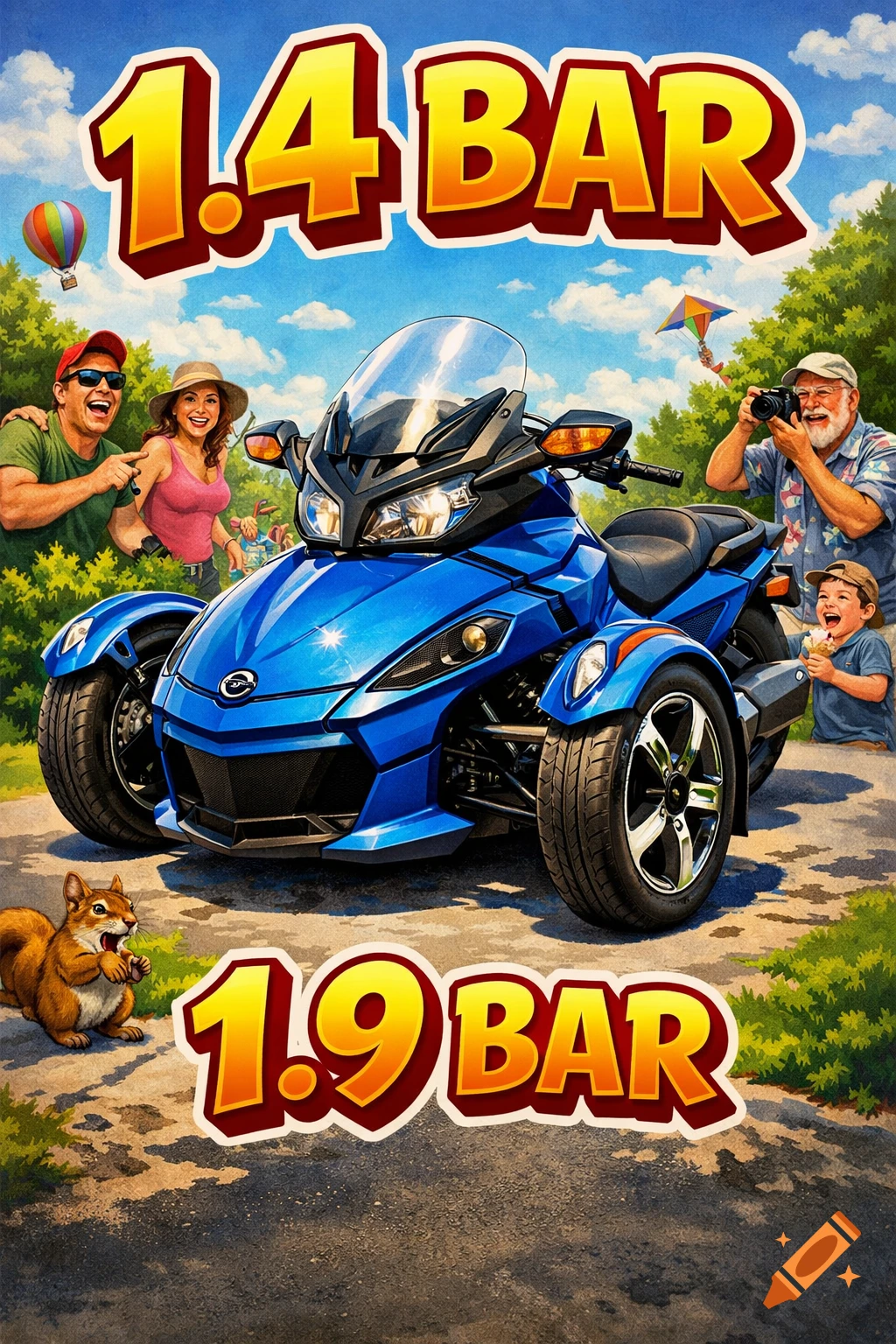 Vibrant illustrated poster with a blue three-wheeled vehicle, happy people, a squirrel, and text '1.4 BAR' and '1.9 BAR'.