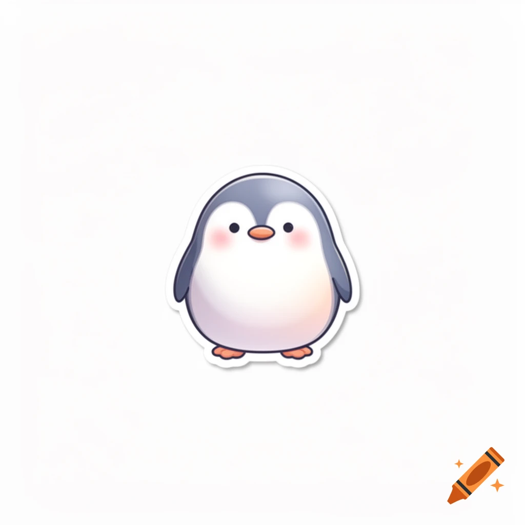 A cute, chubby, cartoon penguin with grey and white feathers and pink blush on its cheeks, outlined like a sticker on a white background.