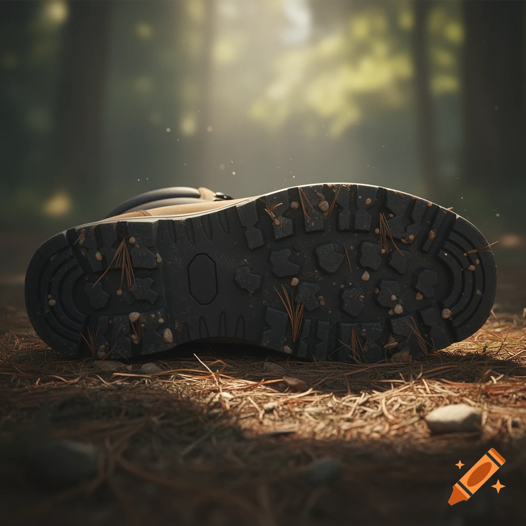 Photorealistic close-up of the dirty sole of a brown hiking boot on a forest floor with pine needles.