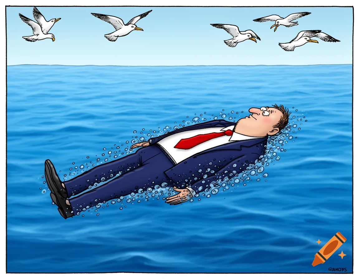 Cartoon drawing of a man in a suit and red tie floating on his back in blue water, looking up at four seagulls flying above him.