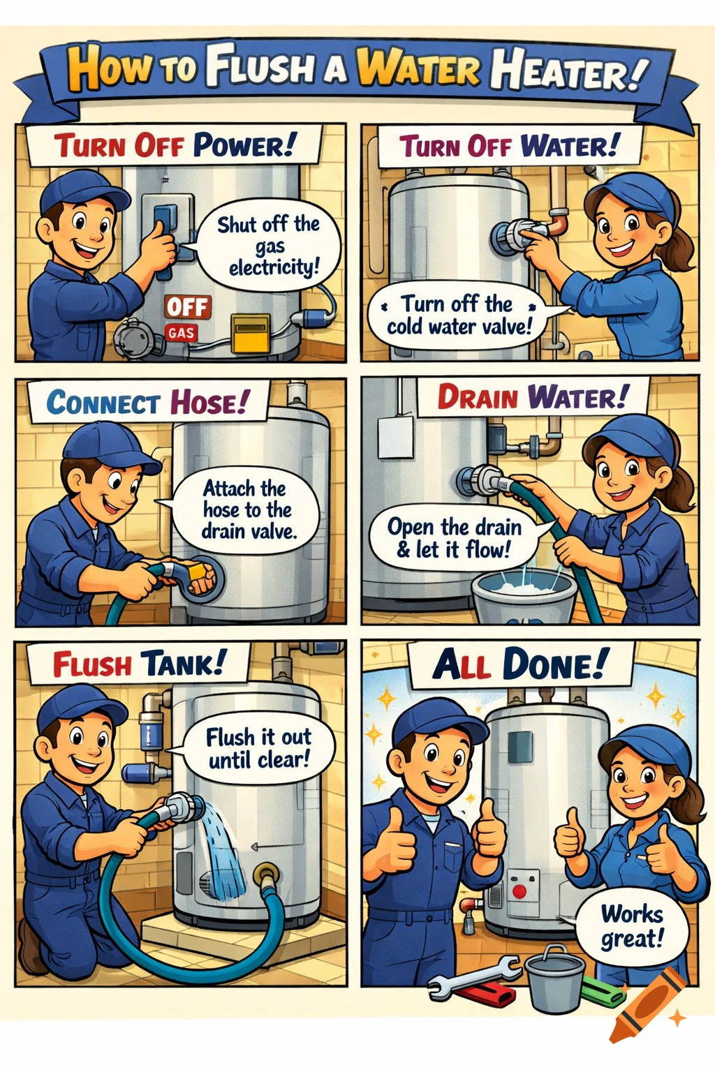 Cartoon guide with six panels showing smiling mechanics demonstrating how to flush a water heater.