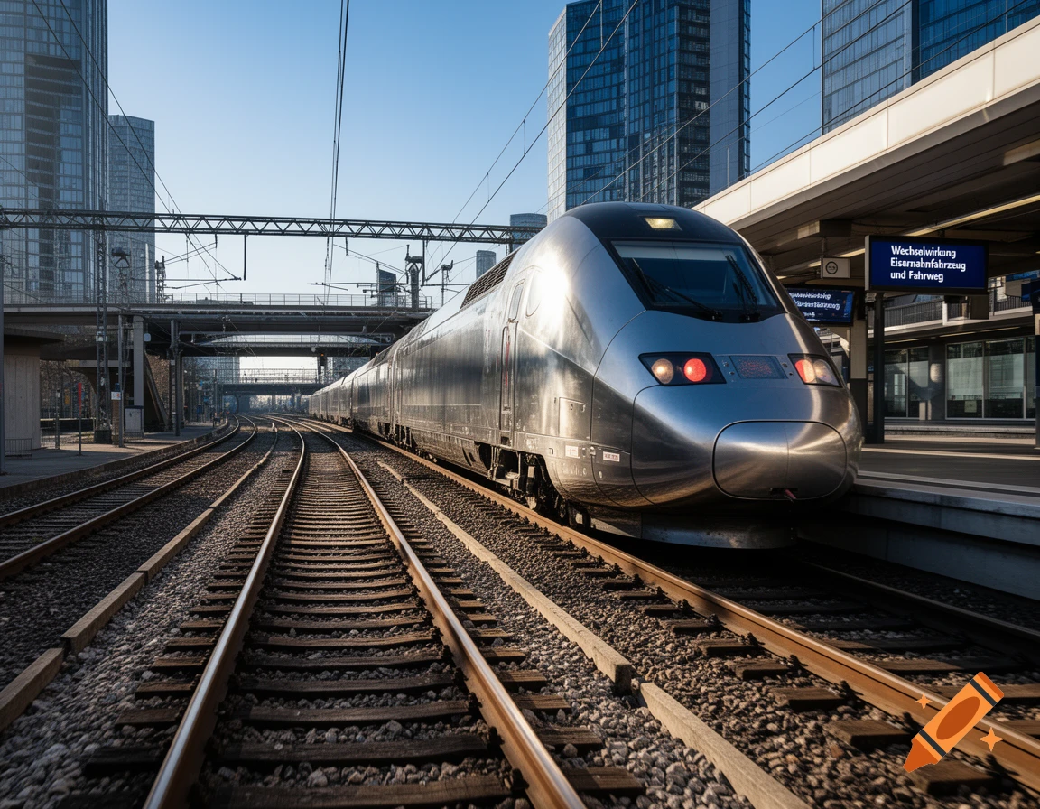 Photorealistic image of a sleek silver train at a modern city station with multiple tracks and skyscrapers.