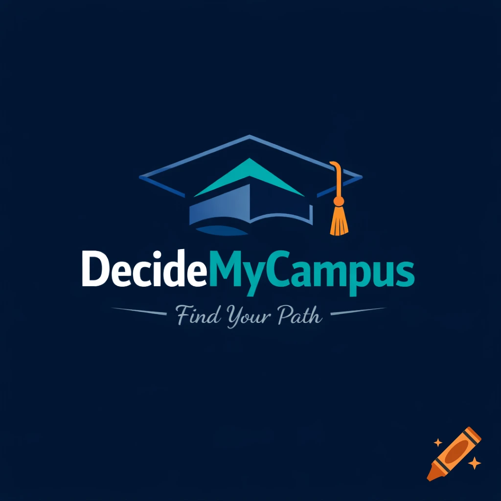 A logo featuring a navy and teal graduation cap with an orange tassel and an upward arrow, above the text 'DecideMyCampus Find Your Path'.