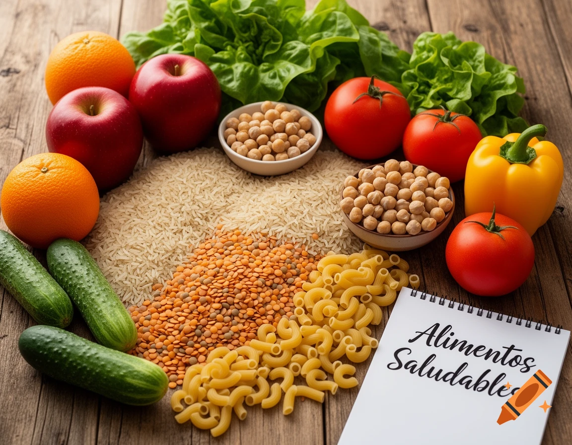 An overhead view of various healthy foods like fruits, vegetables, grains, and pasta on a wooden table, with a notebook.