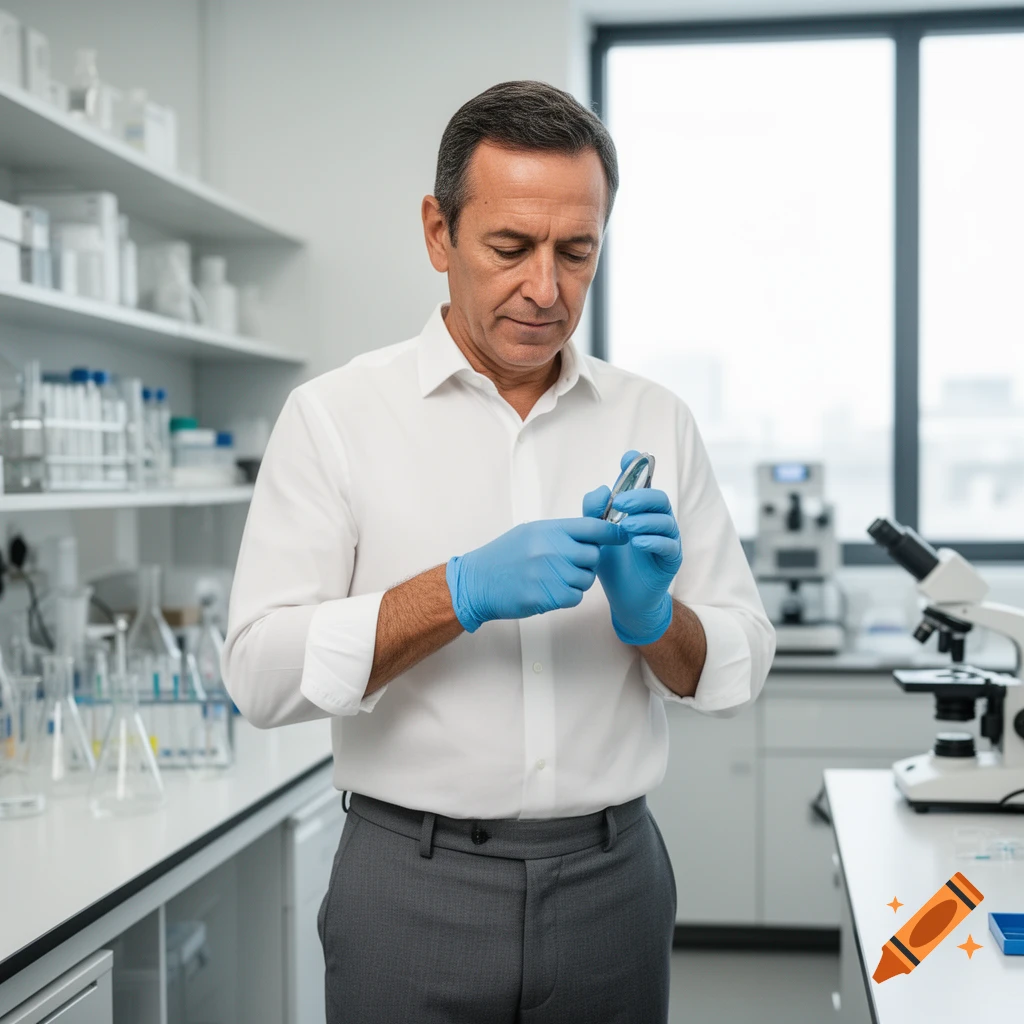 Male scientist in blue gloves examines a small clear object in a modern laboratory.