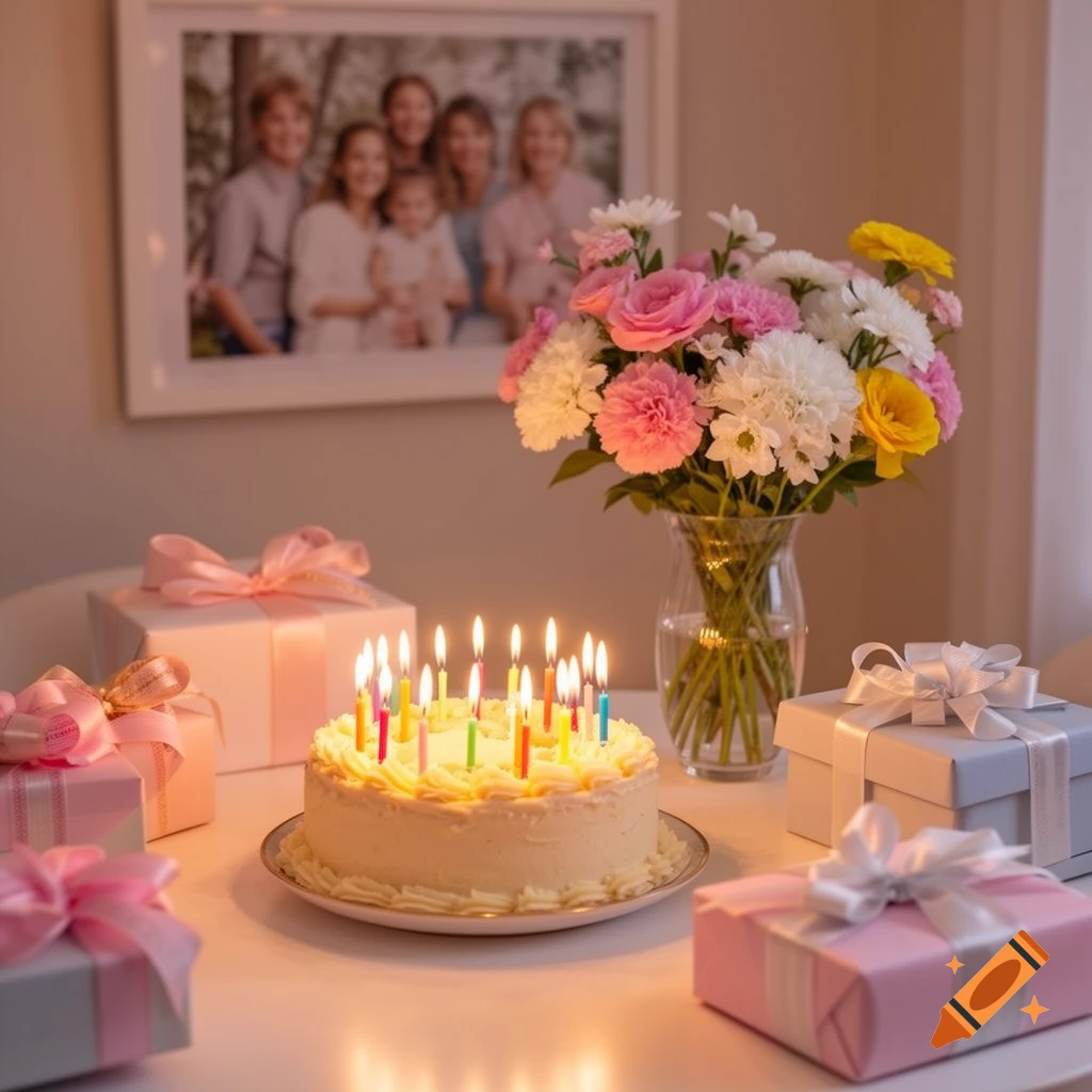 A white birthday cake with lit candles, surrounded by colorful wrapped gifts and a vase of pink, white, and yellow flowers on a table.