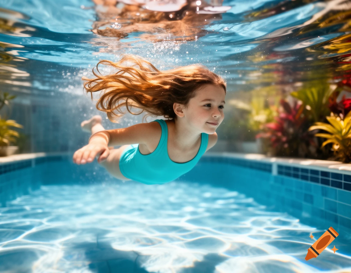 Young girl with long hair swimming underwater in a bright blue pool. Photorealistic.