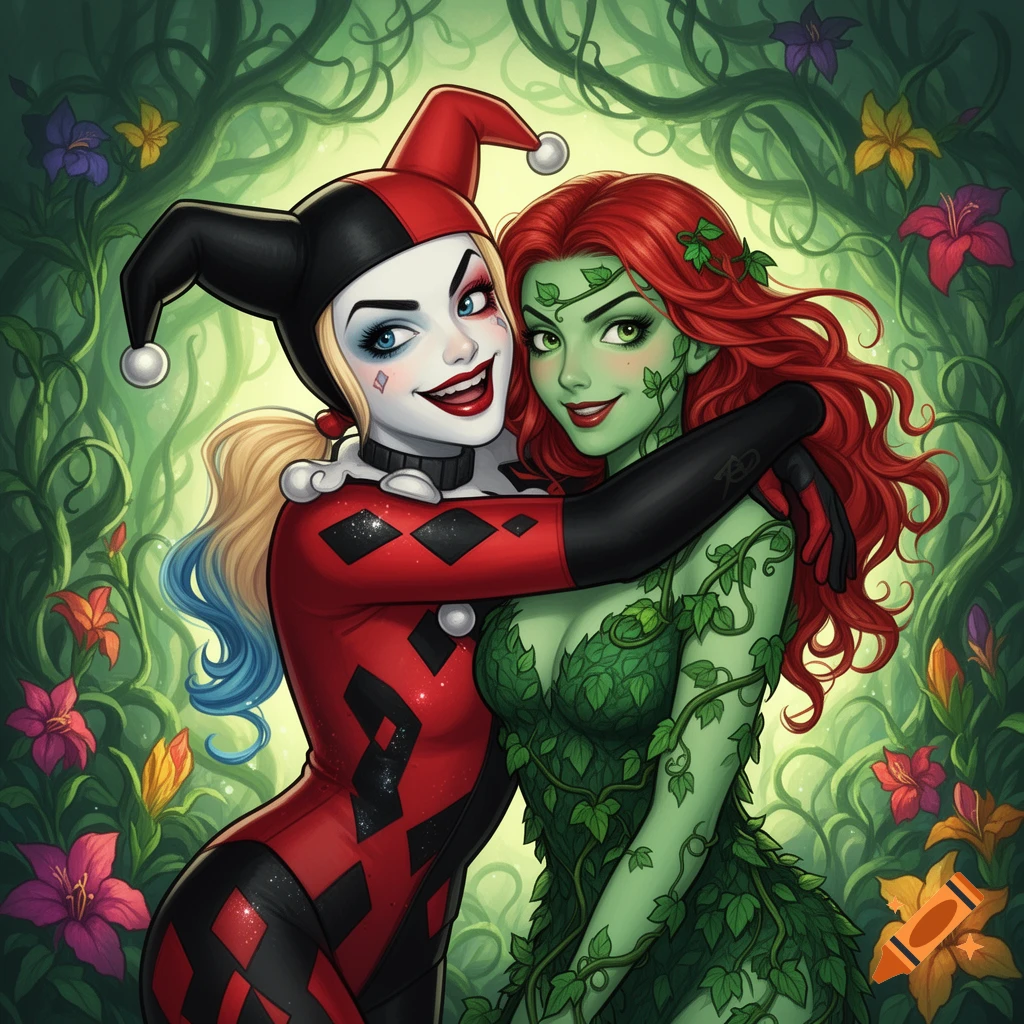 Harley Quinn and Poison Ivy hug amidst lush green vines and colorful flowers in a vibrant cartoon style.