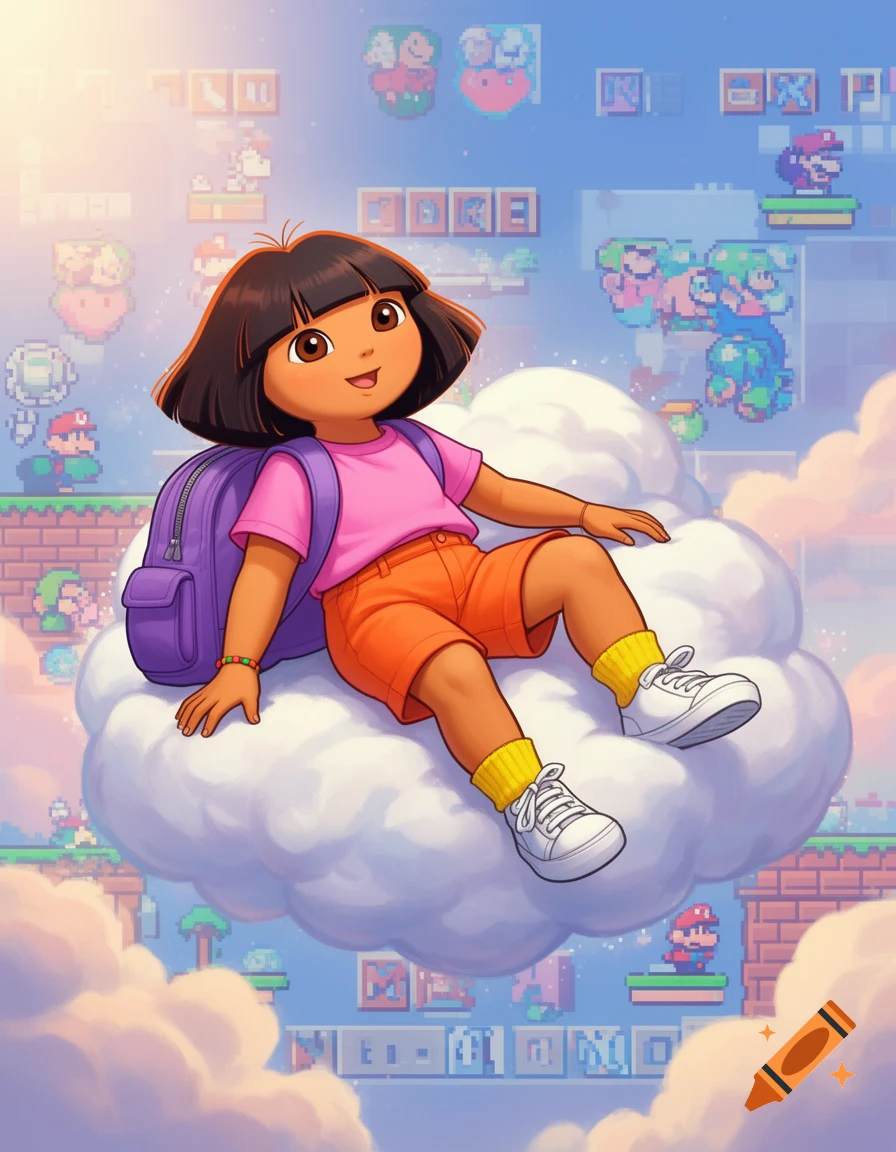 Dora the Explorer sits on a fluffy cloud, wearing a pink t-shirt, orange shorts, and a purple backpack, against a sky-blue background filled with pixelated Super Mario characters and platforms in a cheerful, illustrative style.