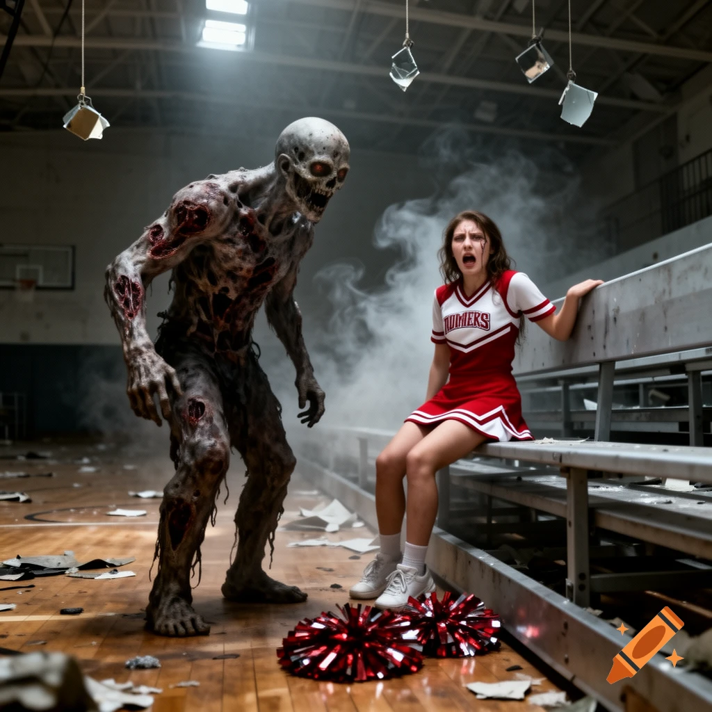 A terrifying zombie with exposed flesh lunges at a screaming cheerleader in a destroyed, smoky gymnasium.