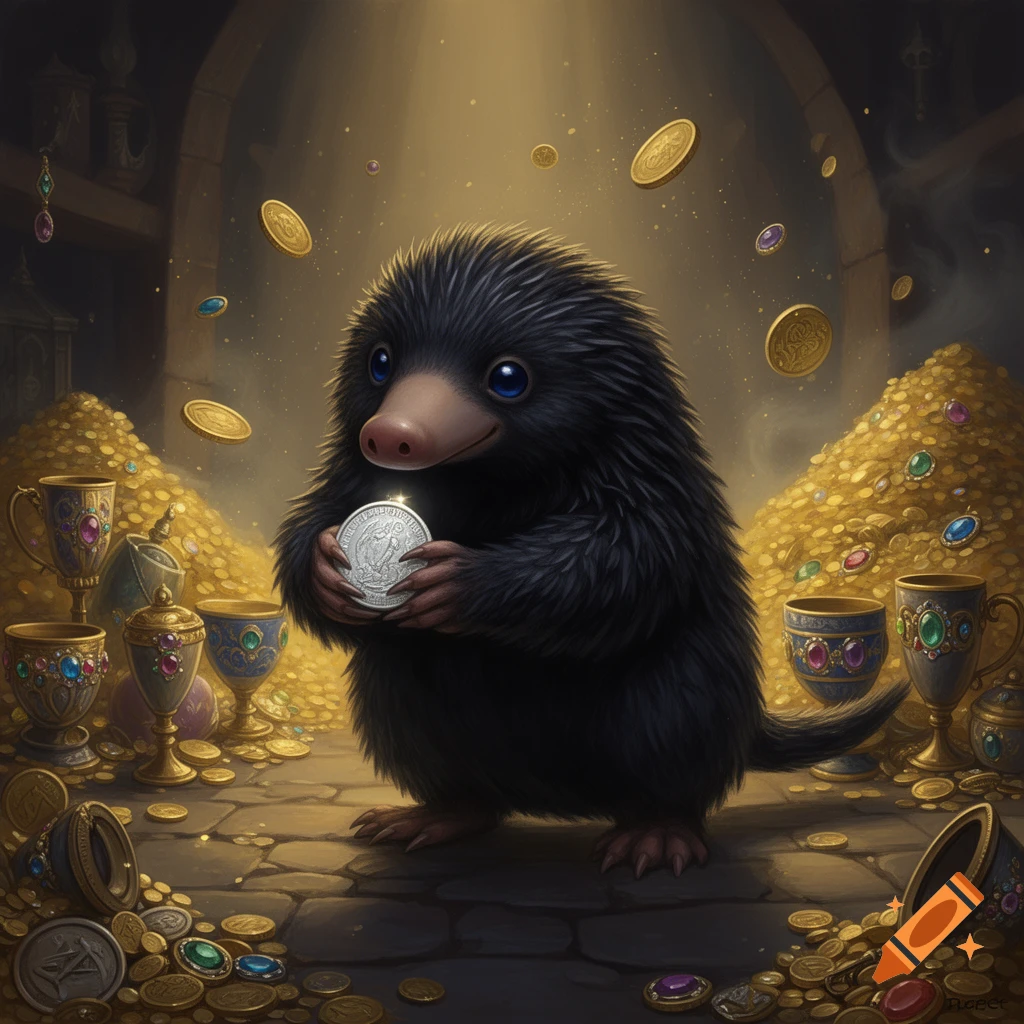 A fluffy black Niffler with big blue eyes holds a glowing silver coin amidst piles of gold coins and bejeweled goblets in a dark treasure room.