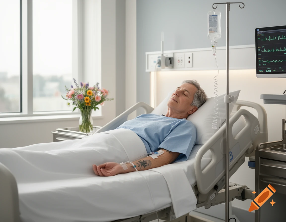 Photorealistic image of an elderly man sleeping peacefully in a hospital bed with an IV drip and heart monitor.