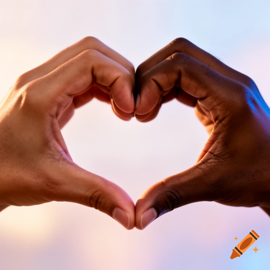 Two hands with different skin tones form a heart shape against a soft gradient background.